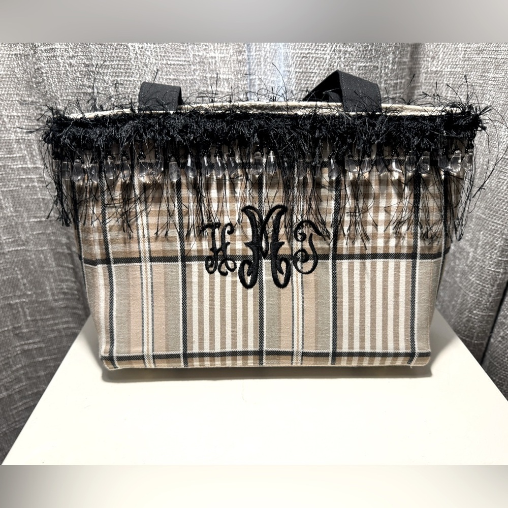 Lala’s Closet Handmade Plaid HTM or HMT Monogrammed Tote Black Fridge Trim